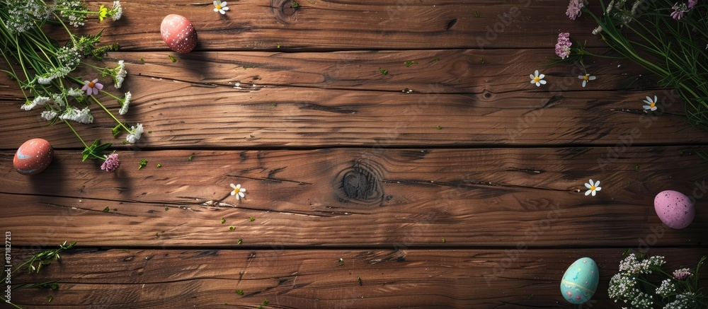 Poster easter-themed wooden table with ample copy space image.