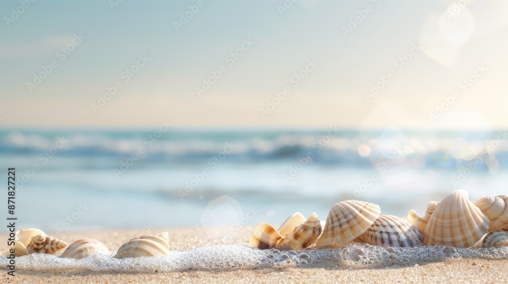 Poster a serene beach with seashells and ample space for text.