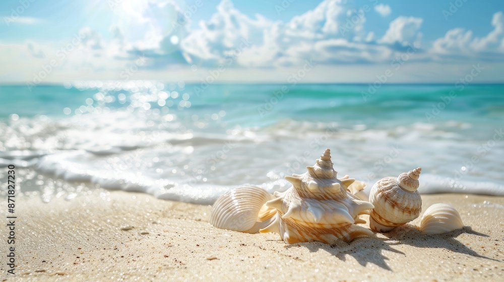 Poster a serene beach with seashells and ample space for text.