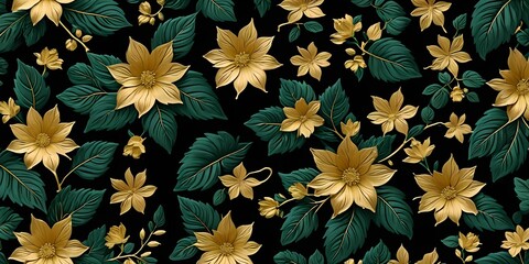 Wallpaper representing a floral decor with gold-colored flowers and green leaves. The whole in relief.