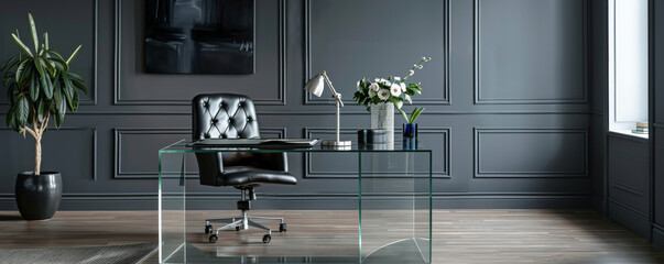A stylish office with a glass desk and contemporary chair, positioned against a dark gray wall. The dark background adds a touch of elegance and professionalism to the space.