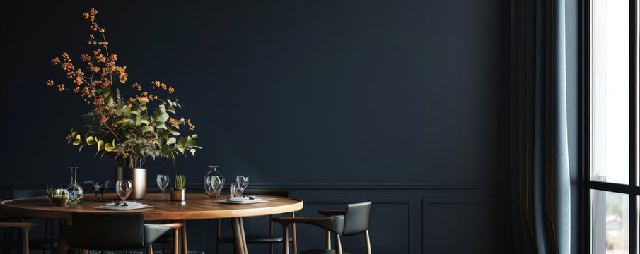 A stylish dining room with a round table and modern chairs, positioned against a dark navy wall. The dark background adds depth and sophistication to the clean, modern design.