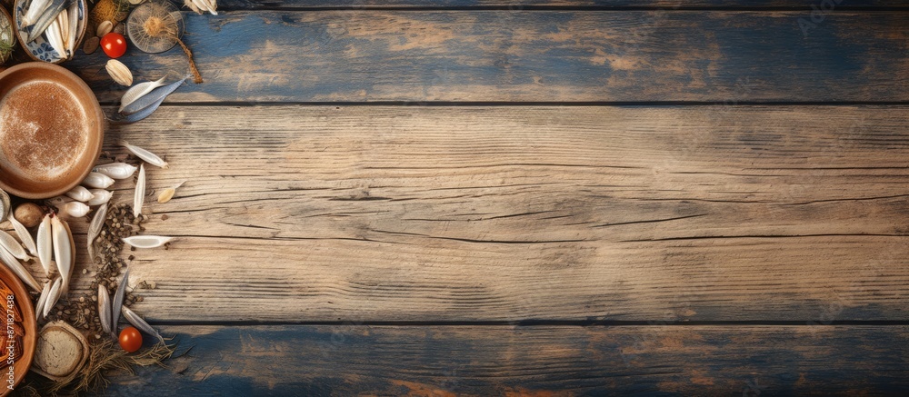 Poster A rustic top-view background featuring a meal with herring slices on a table, creating a food setting with ample copy space for an image.