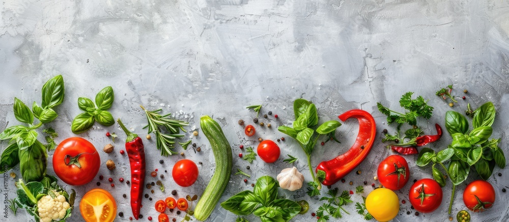 Aufkleber Top view of various colorful vegetables, herbs, and spices arranged on a concrete background creating a visually appealing copy space image.