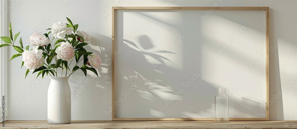Poster mockup of a landscape frame on a white wall with a vase of peony flowers, creating a desirable copy 