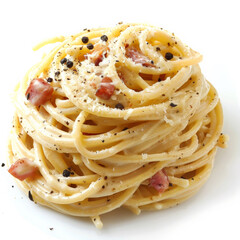 A serving of Italian spaghetti carbonara, creamy pasta with pancetta, egg, and Parmesan cheese, garnished with black pepper, isolated on white background.