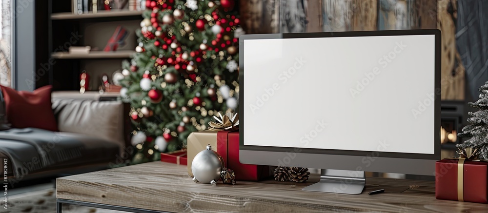 Aufkleber Festive setting with a computer screen mockup displaying blank copy space image on a table adorned with Christmas decorations and gift boxes in brown and red.