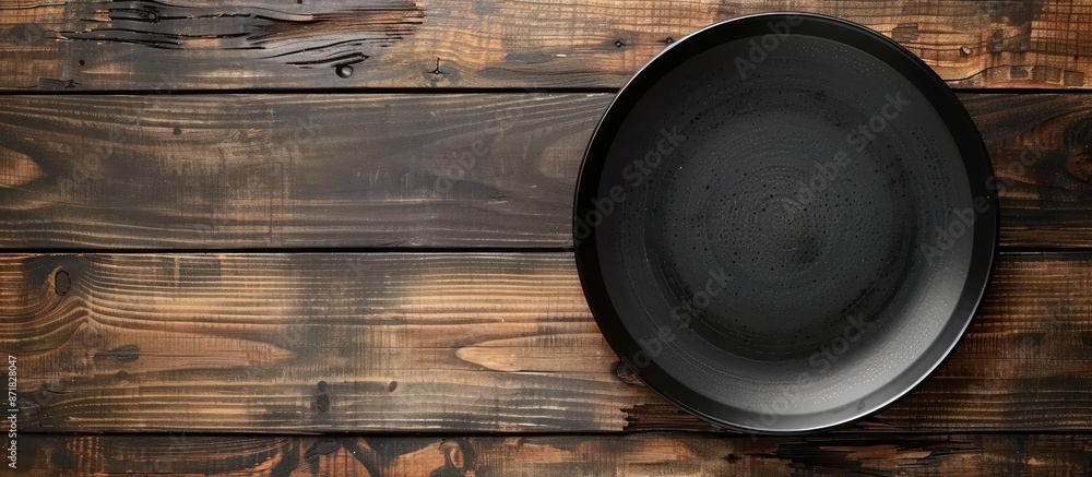 Poster top view of a black plate on a kitchen table with space for text or image.