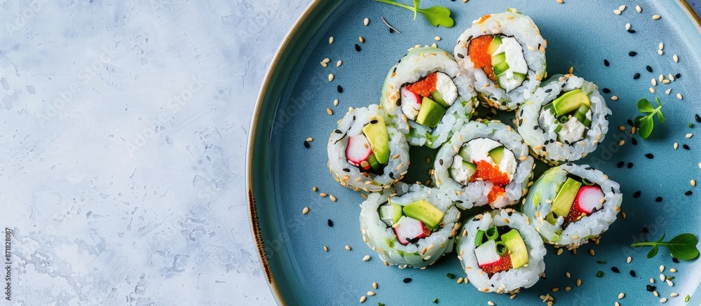Poster sushi rolls with creamy avocado slices elegantly displayed on a blue plate in a copy space image.