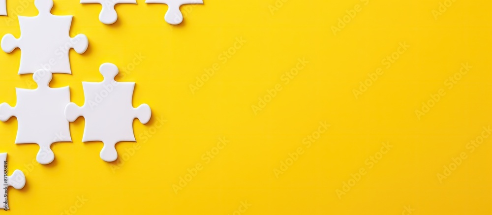 Poster close-up top view of white puzzle pieces on a textured yellow surface, providing copy space image.