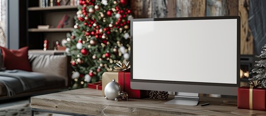 Festive setting with a computer screen mockup displaying blank copy space image on a table adorned with Christmas decorations and gift boxes in brown and red.