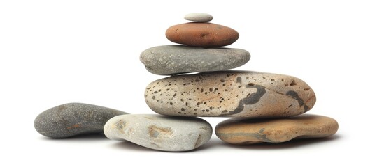 Arrangement of pebbles in a pyramid shape, symbolizing travel, set against a background suitable for adding text with a copy space image.