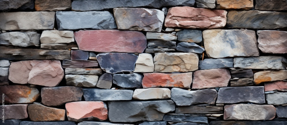 Poster Basalt rock texture creating a multi-colored stone wall, with a stone background suitable for a fantasy wallpaper with copy space image.