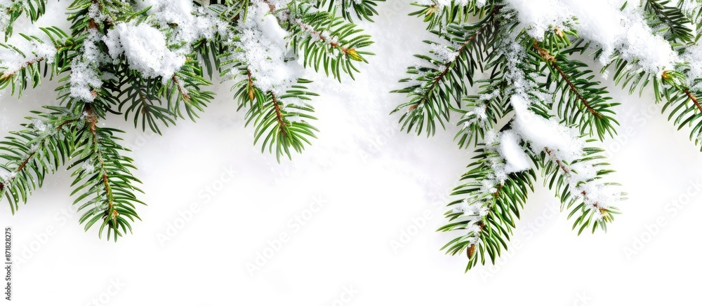 Aufkleber image of a snow-covered spruce tree branch with vibrant green needles against a blank background for