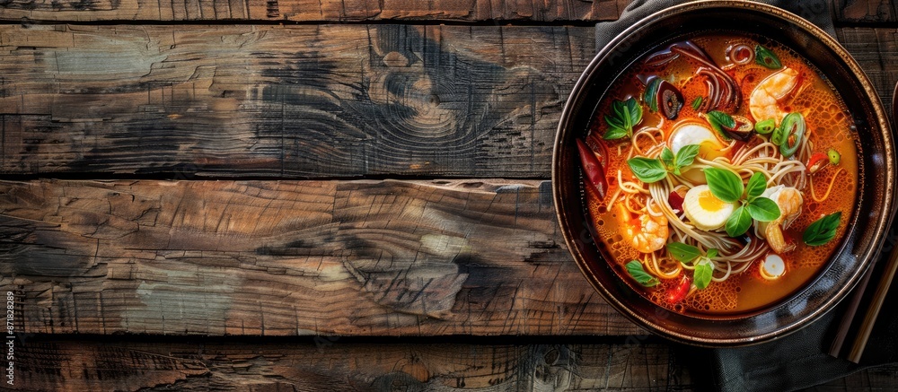 Poster top view of a delectable spicy seafood noodle soup on a wooden backdrop with ample copy space image.