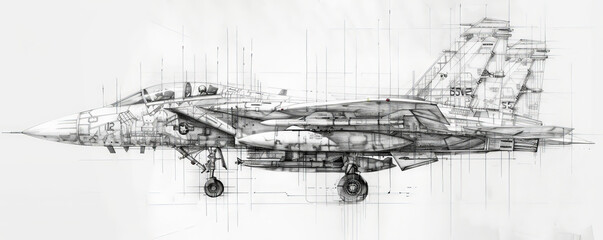 Obraz premium A technical drawing of a fighter jet, highlighting its aerodynamic shape, missile attachments, and jet engines. The white background allows the intricate details and technological advancements to