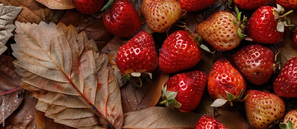 Sticker Strawberries arranged on a backdrop of dry leaves with copy space image.