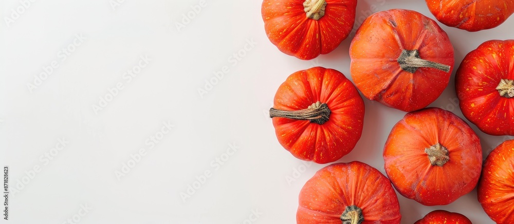 Poster top view of pumpkins on a white background with space for text - a creative autumn-themed image perf