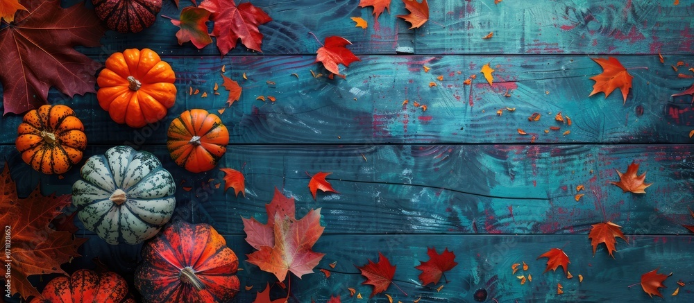 Poster A fall-themed setting with colorful leaves and pumpkins on a wooden surface, suitable for adding text or other visuals in the copy space image.