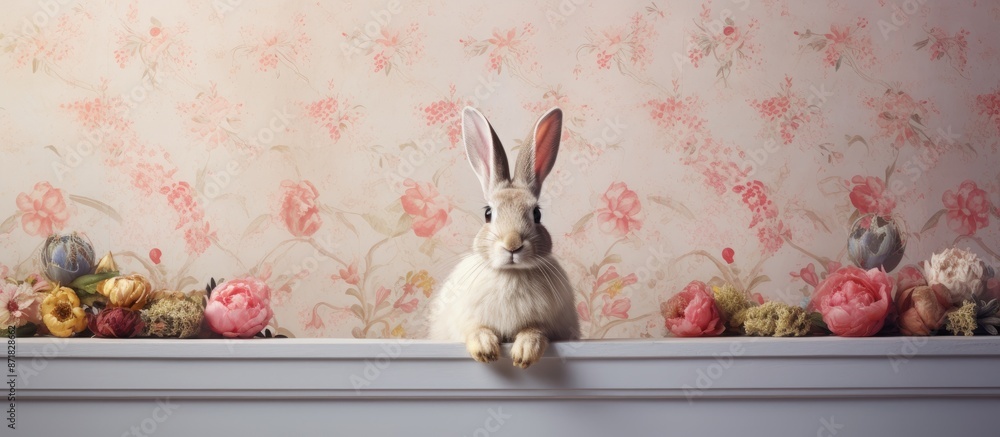 Poster Easter Rabbit against rabbit-patterned wall in a digital composite with copy space image.