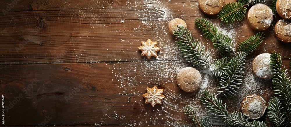 Poster Festive Christmas backdrop featuring fir branches, cookies dusted with powdered sugar on a wooden surface with space for adding images.
