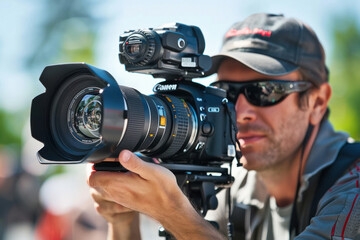 Close up, Official photographer taking celebrity picture with large camera