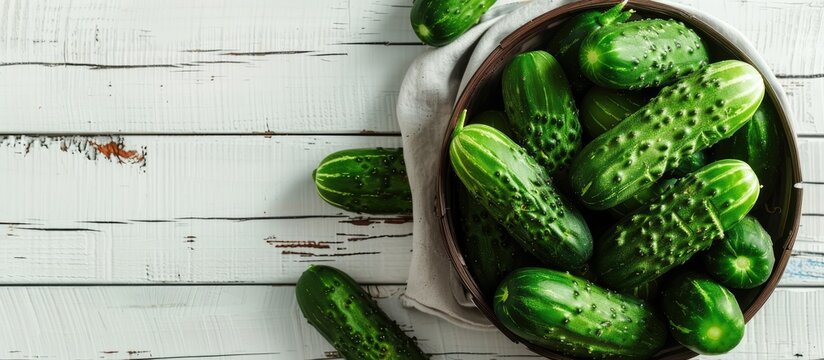 Top view of a delicious display of canned cucumbers in a bowl on a white wooden surface, with ample copy space image.