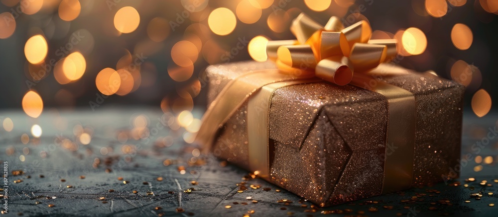 Poster gift box with a golden ribbon on a table, embodying christmas, new year, and valentine's day themes.