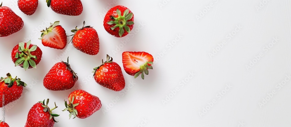Poster fresh strawberries with bite marks, set on a white background, offer ample copy space image.