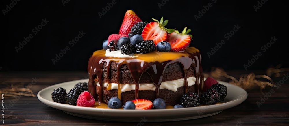 Aufkleber a decadent chocolate stout cake topped with caramel sauce and fresh fruits, perfect for displaying i