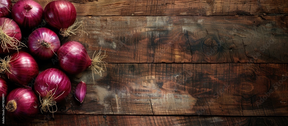 Poster red onions displayed on a vintage wooden surface with copy space image.