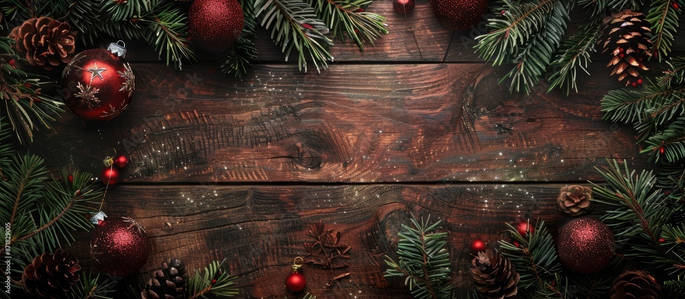 Aufkleber old wooden background adorned with evergreen fir twigs, glossy red baubles, and pine cones, creating
