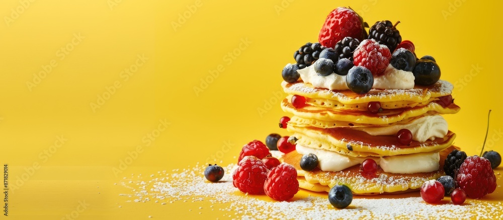 Poster Russian food called Syrniki portrayed with berries and sour cream on a yellow background, creating a copy space image.