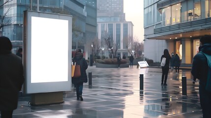 Blank white Mock up Banner Signboard stand Media outdoor with people walking City street Building