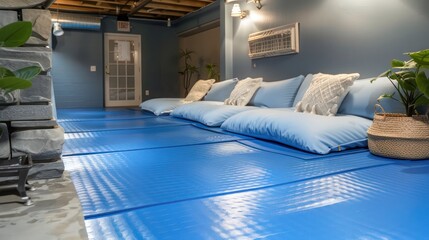 Ocean mist blue rubber mats in a basement, enhancing a relaxation zone with a tranquil sea-inspired hue