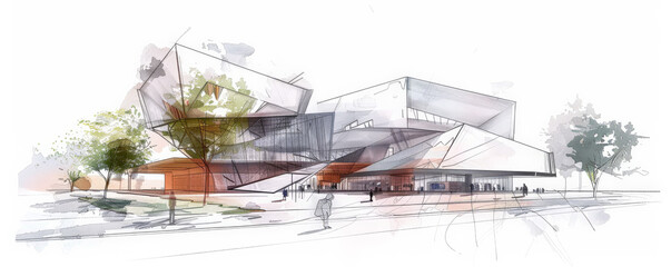 An architectural sketch of a modern science museum, with interactive exhibits, sleek lines, and innovative materials. The white background emphasizes the forward-thinking and educational design.