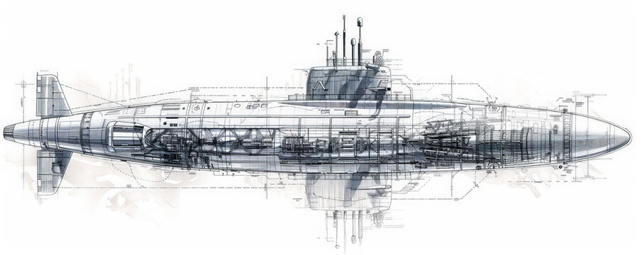 A technical drawing of a ballistic missile submarine, detailing its missile silos, sonar equipment, and stealth design. The white background highlights the submarine's advanced engineering and