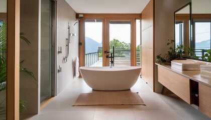 Fototapeta premium bathroom interior with modern bathtub. Apartment clean, luxury floor with nobody. Contemporary decor, empty walls; view over the door