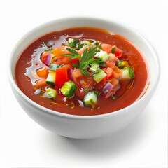 A serving of Spanish gazpacho, a chilled tomato-based soup garnished with diced vegetables and a drizzle of olive oil, isolated on white background.