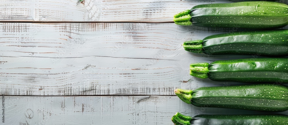Aufkleber zucchini arranged on a background of white wood with copy space image.