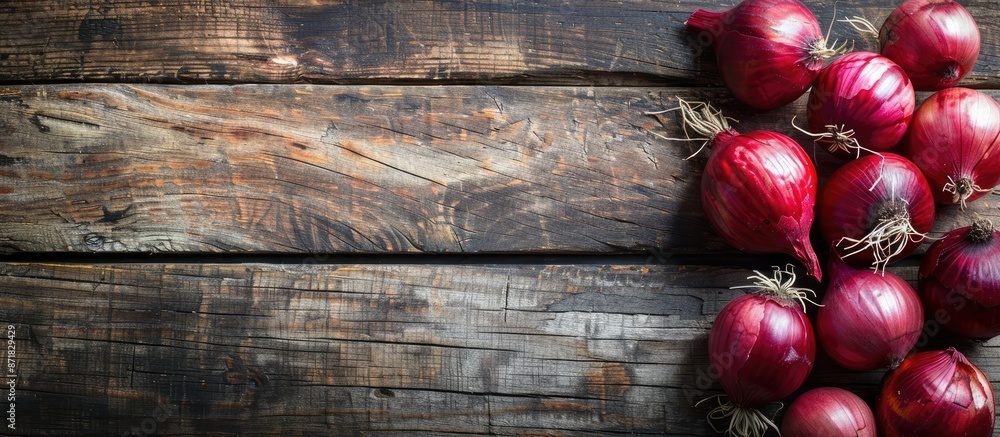 Aufkleber red onions displayed on a vintage wooden surface with copy space image.