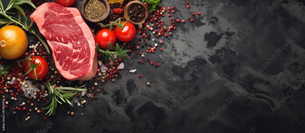 Aufkleber a succulent uncooked beefsteak being prepared in a kitchen, with basil leaves, tomatoes, and spices 