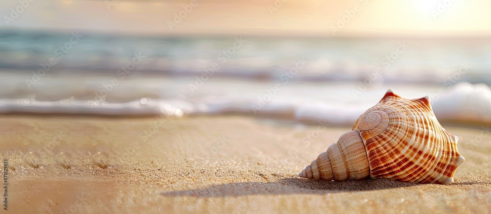 Poster seashell resting on sandy beach with room for copy space image.