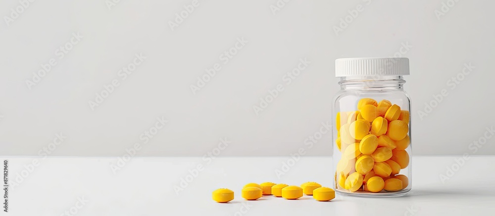 Aufkleber An open bottle or container displaying yellow pills on a white background with ample copy space for text overlay, presenting a blank, white medicine concept.