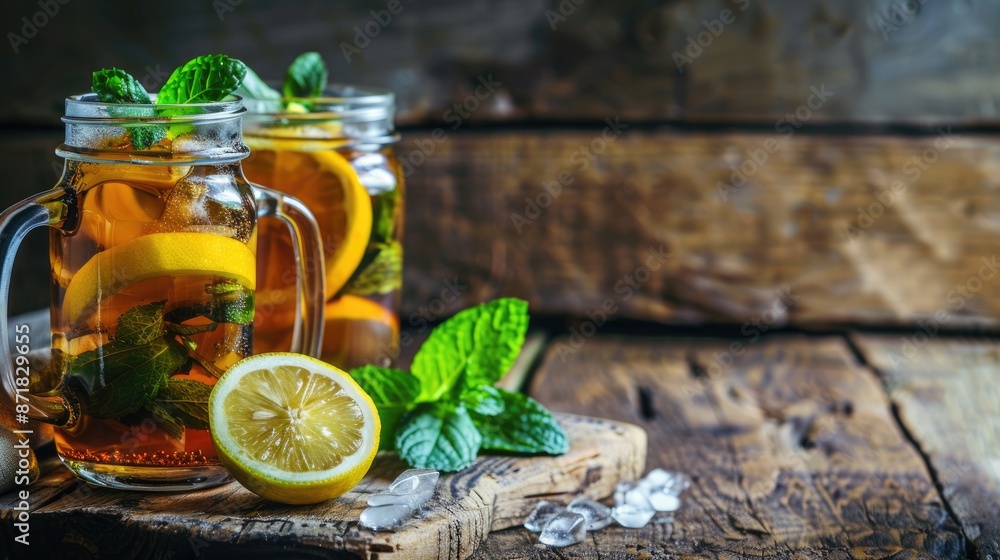 Poster iced tea with mint and lemon in a rustic style setting