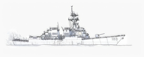 Obraz premium A technical drawing of a naval destroyer, showcasing its radar systems, missile launchers, and hull design. The white background highlights the ship's advanced technology and combat capabilities.