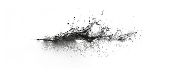 An intricate water splash with droplets suspended in the air, creating a beautiful, fluid shape against a white background. The simplicity of the backdrop enhances the visual impact.