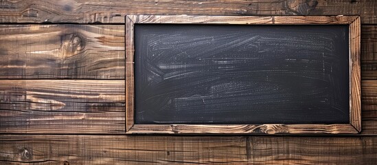 Wooden background with a black chalkboard provides ample copy space image.