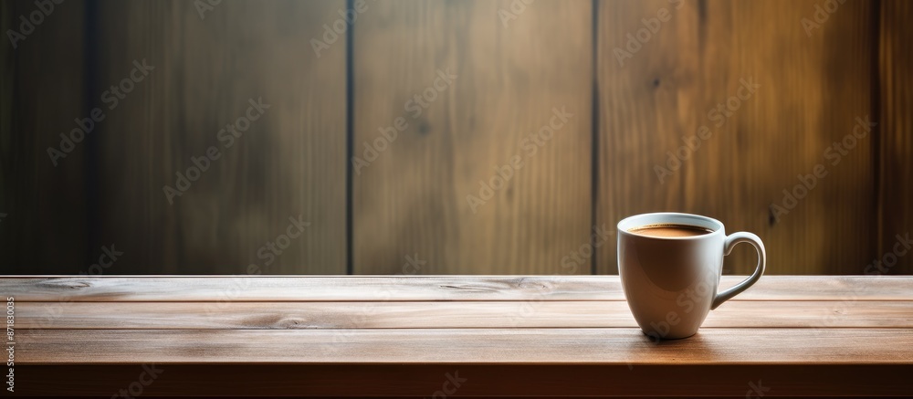 Poster A single cup of coffee on a wooden table, positioned close to a window with empty space for an image.