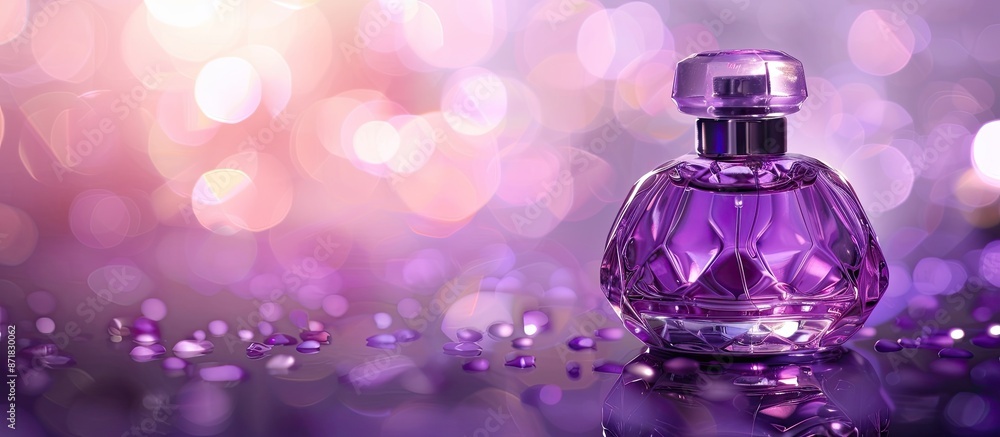 Poster a purple perfume bottle is depicted in an abstract style against a glossy background setting with a 